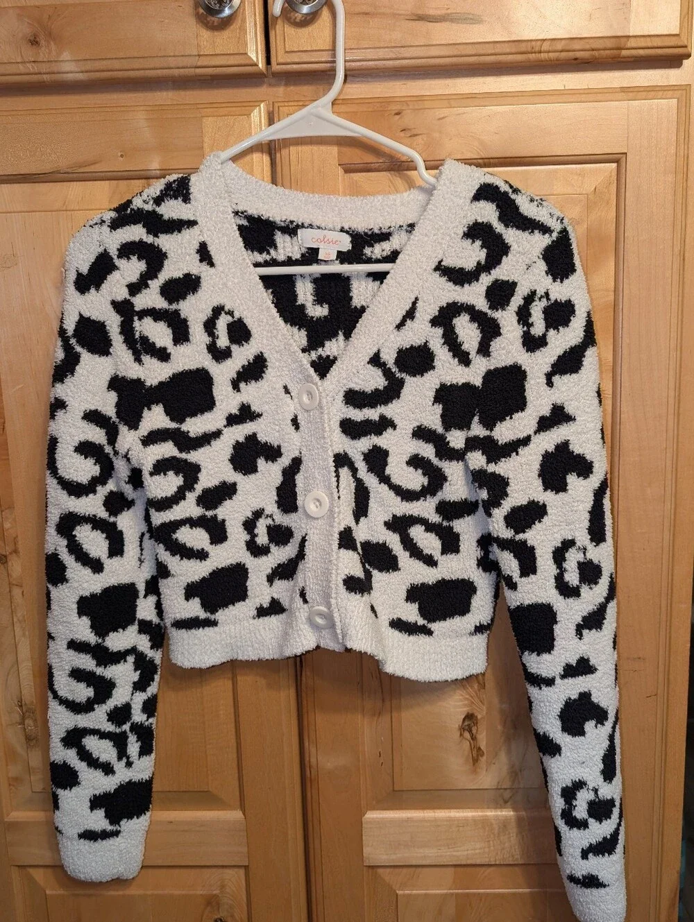 Cozy Fuzzy Leopard Cardigan White & Black - V-Neck Button Front Soft Knit Sweate